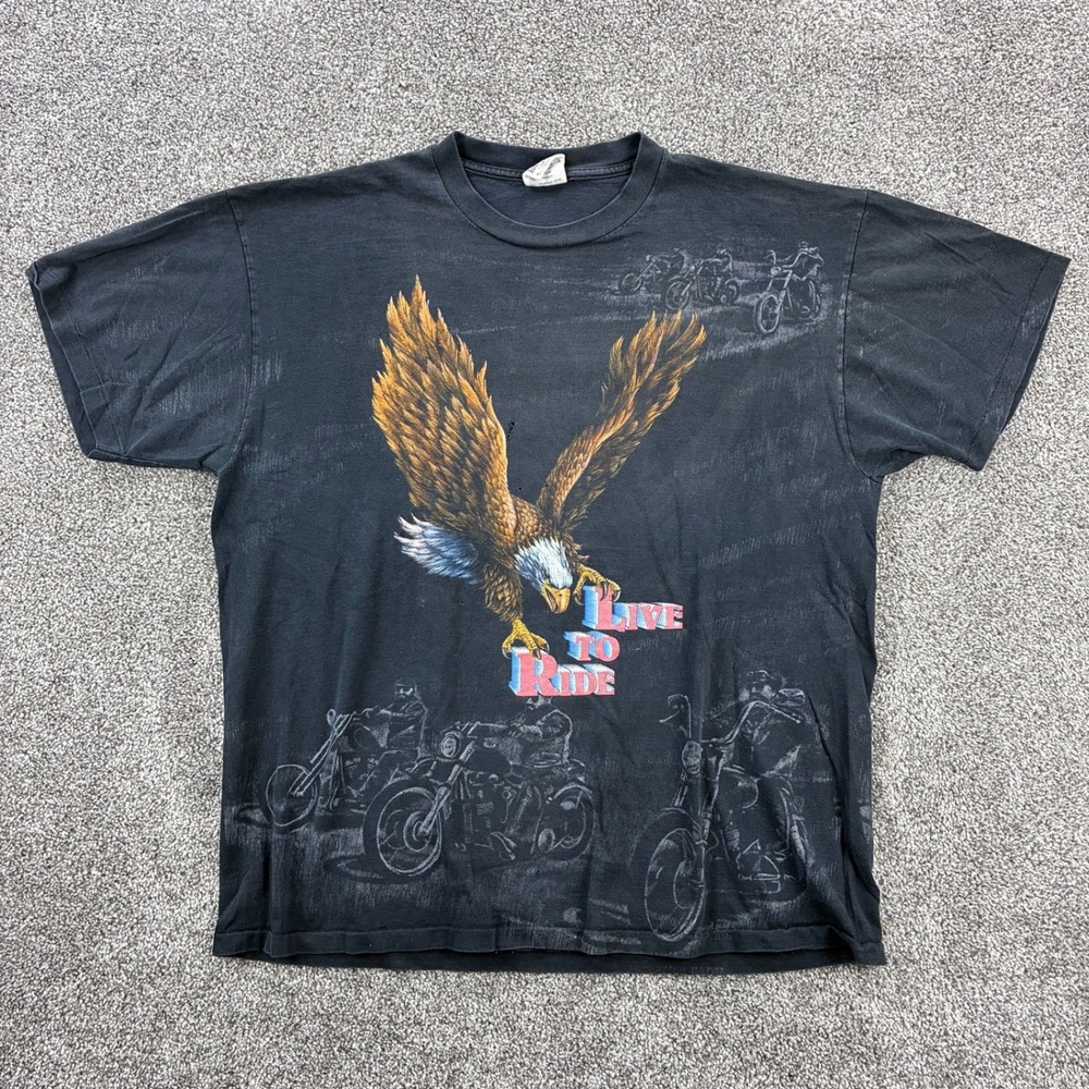 Vintage All Over Print Biker Shirt Mens XL Eagle Live to Ride Chandler's‎ Cycle